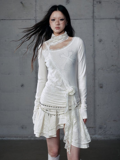 Saum Apricot Off-Shoulder Akzente Floral mit Asymmetrischem Kleid Strass