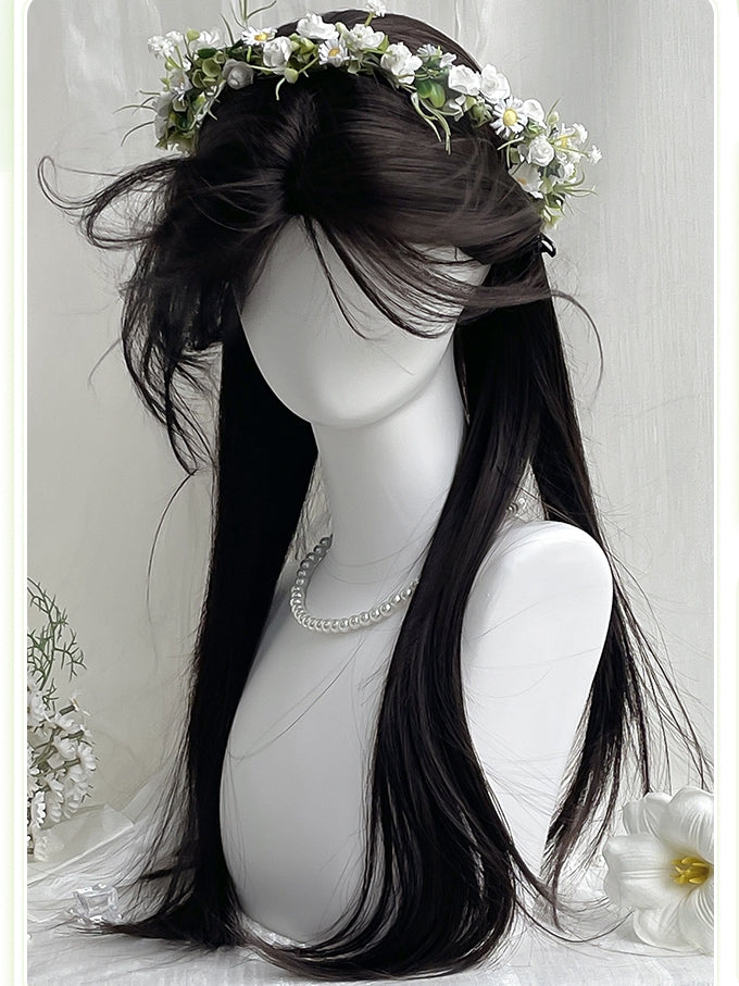 Länge gerade 60 cm schwarz mit Vorhang Perücke Pony