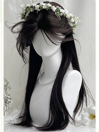 Länge gerade 60 cm schwarz mit Vorhang Perücke Pony