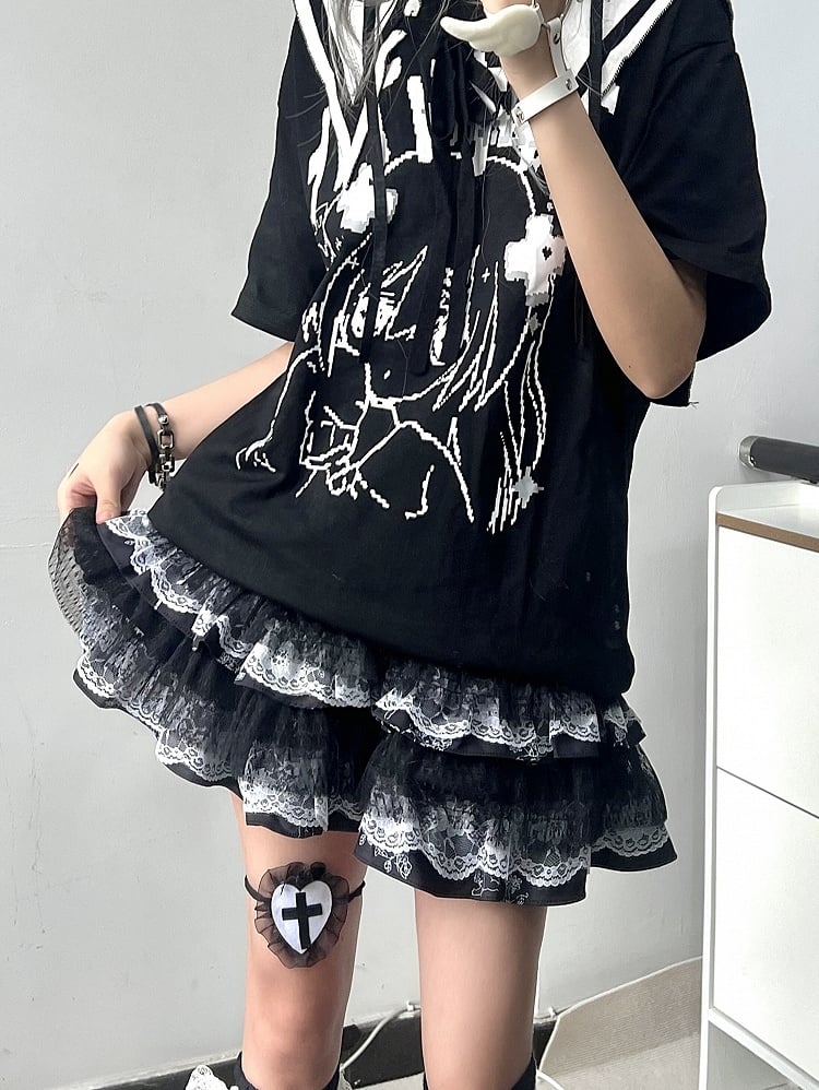 Vintage Skirt Trim Lace Punk BlackWhite/BlackPurple Tiered with