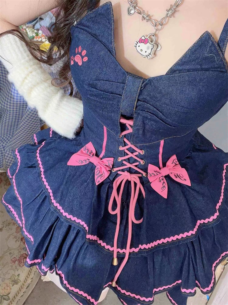 Navy Blue Lace-up Detail Sweet Bow Accents Tiered Skirt Denim Slip Dress