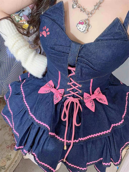 Navy Blue Lace-up Detail Sweet Bow Accents Tiered Skirt Denim Slip Dress