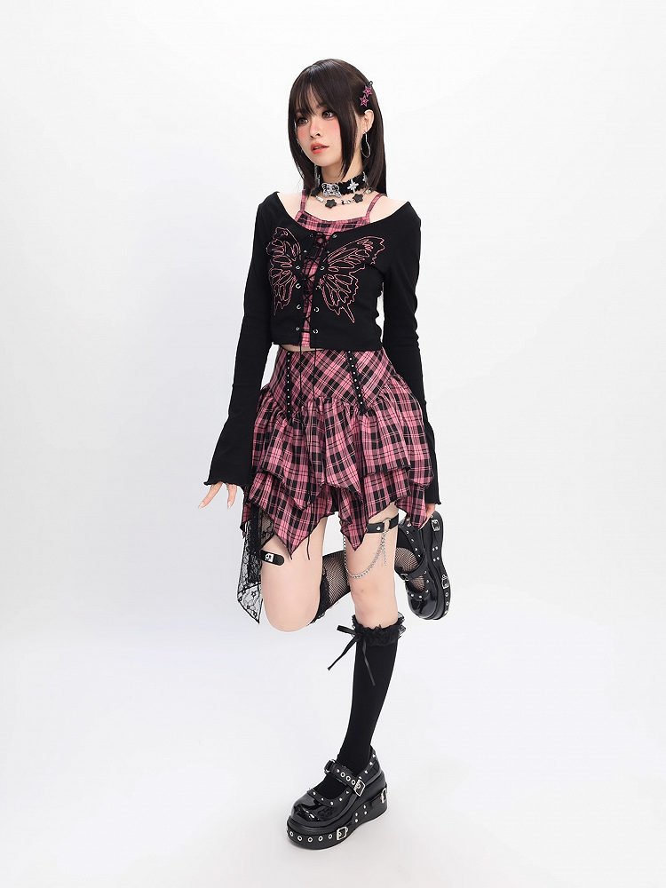 Top Faux Y2K Schnürung vorne Schmetterlingsdruck Schwarz Pink Plaid Zweiteiler und