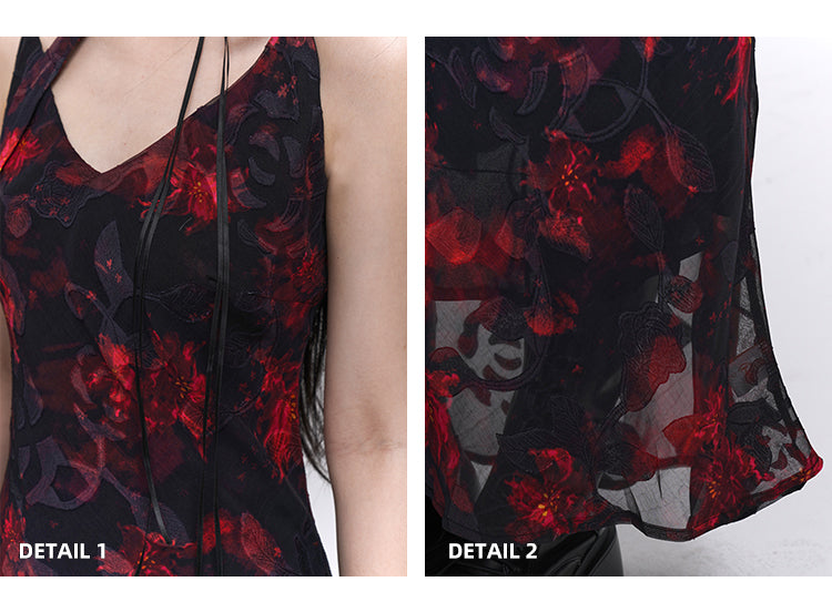 Rotes und schwarzes Slip-Kleid mit V-Ausschnitt und Blumenmuster in Knöchellänge