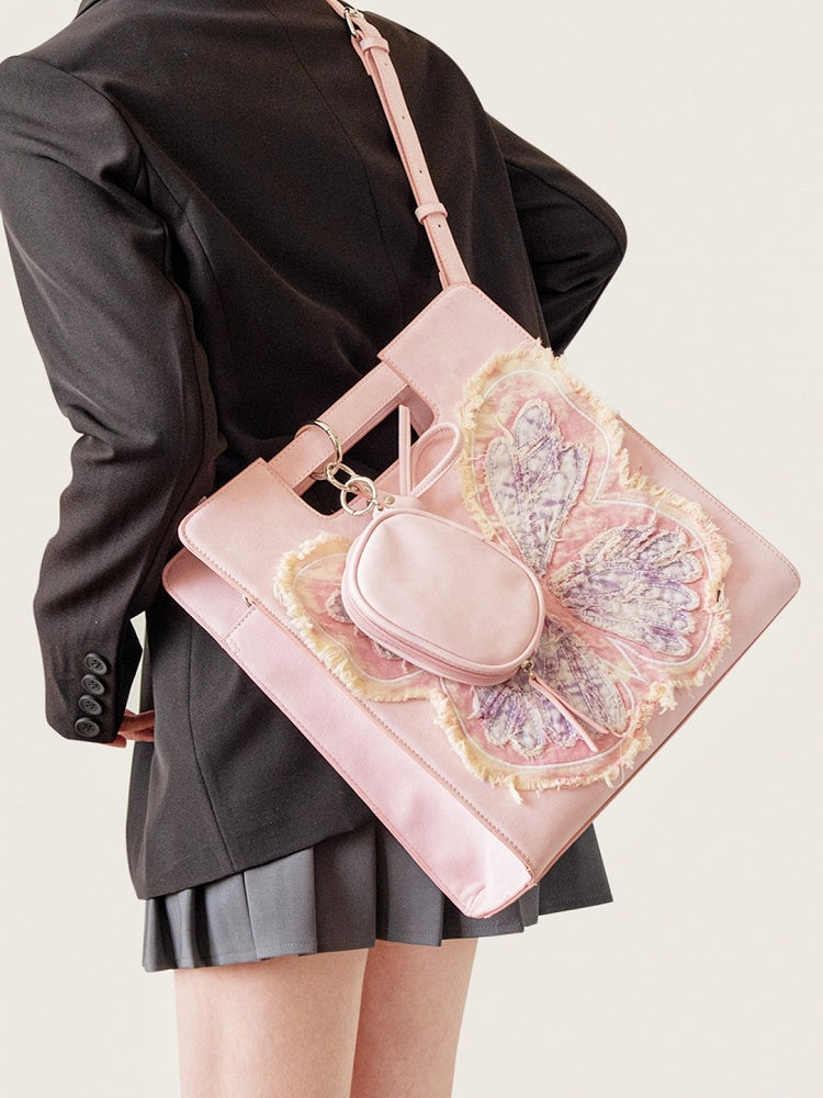 Adorable Pink Crossbody Bag With Oversized Butterfly Patchwork