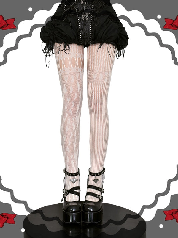 ブラック/レッド/ホワイトハート柄アシンメトリーフィッシュネットタイツ