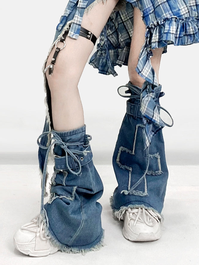 Warmers Self-tie Blue Leg Decorated Denim Cross Strap Applique