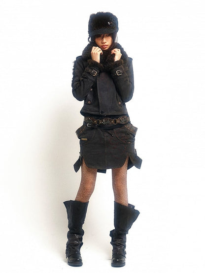 Multi-Slit Embroidery Design Skirt Black Short with Punk Denim