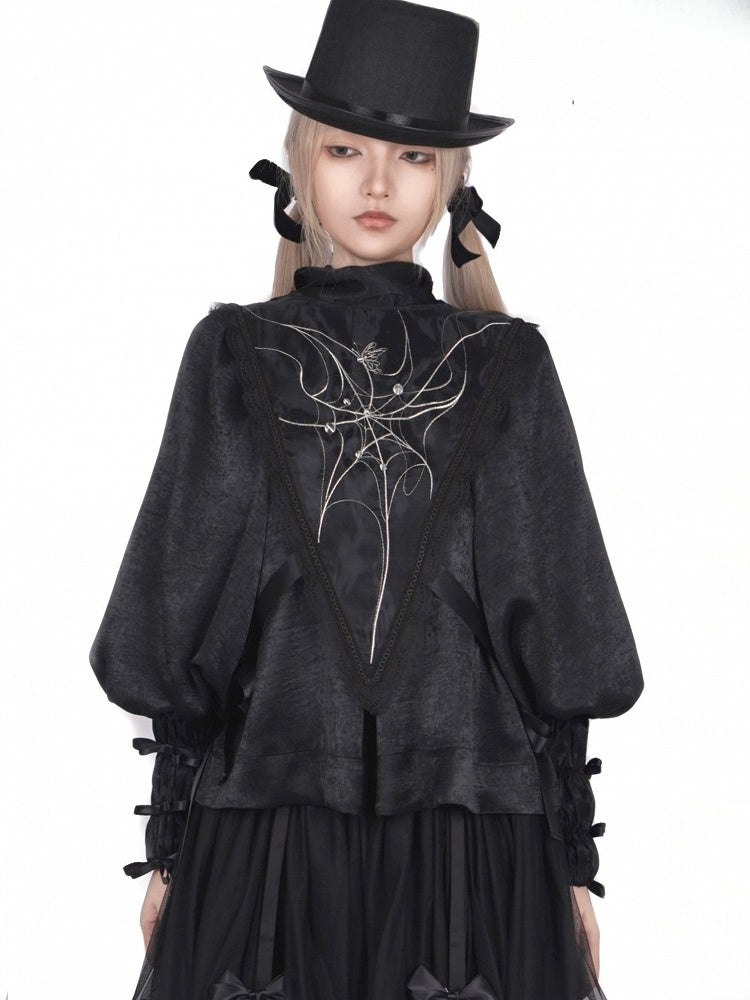 Blouse Embroidered with Detachable High-Neck Sleeves Black Spiderweb Lolita Long Gothic Sailor Collar