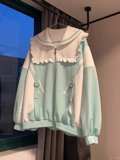 Sweatshirt mit Reißverschluss und Kragen, weißgrün, Kei-Verschluss, Jirai-Jacke, Matrose