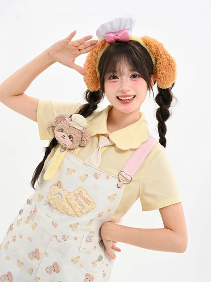 前立て刺繍のライトタイ、花びらの襟、ビスケットハートボタン、ブラウス（イエロー）