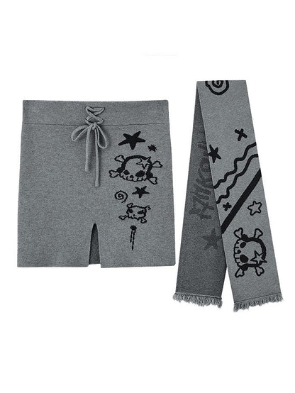 Skull + Punk Star Scarf Edgy Front Matching with Gray Slit Strapless Print Top