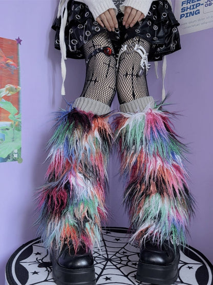 Bunte zottelige Beinwärmer aus Kunstpelz