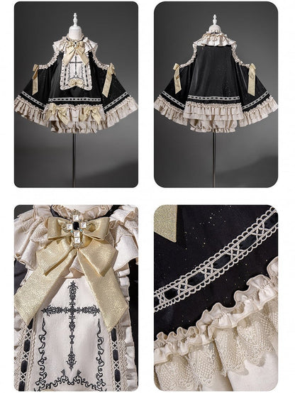 Black & Golden Cross Embroidery Cutout Shoulder Ruffled Ouji Lolita Top with Bloomers Set - Unknown Star
