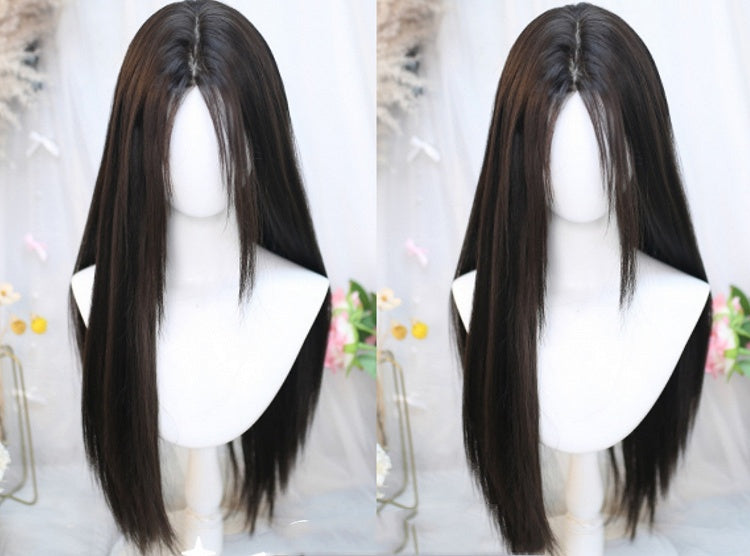 Black Tea Under Bust Length Straight Wig with Curtain Bangs