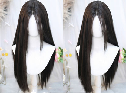 Black Tea Under Bust Length Straight Wig with Curtain Bangs
