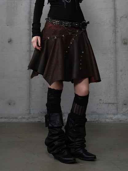 Asymmetrischer Rock Punk Rot mit Stickerei Ödland Saum Braun Blumen Wildleder