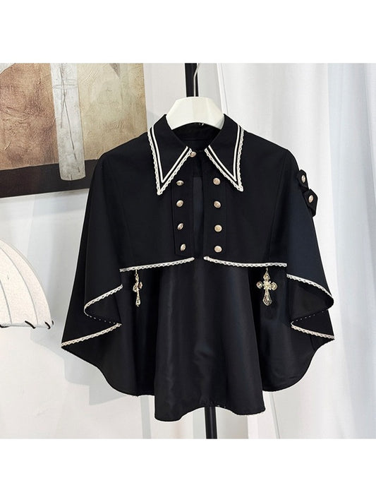 Black Ouji Lolita Cape Adorned with Cross Detailing - Castle Too