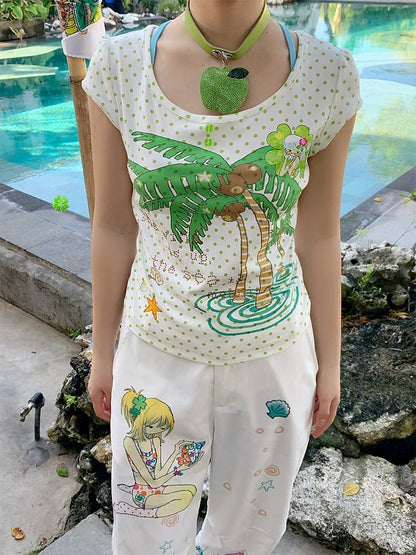 Tree and Dots Print T-shirt Green Palm Rhinestone Details Polka with White