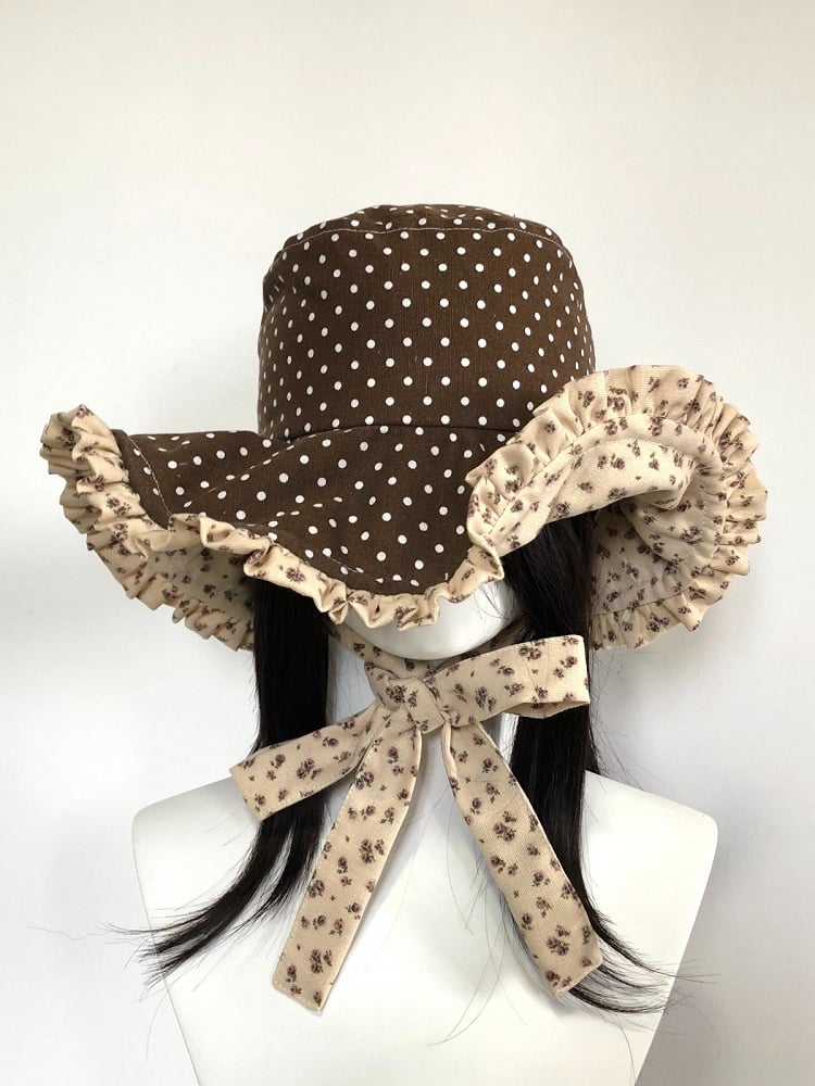 Brown Polka Dot Ruffle Bucket Hat Floral - freetrader