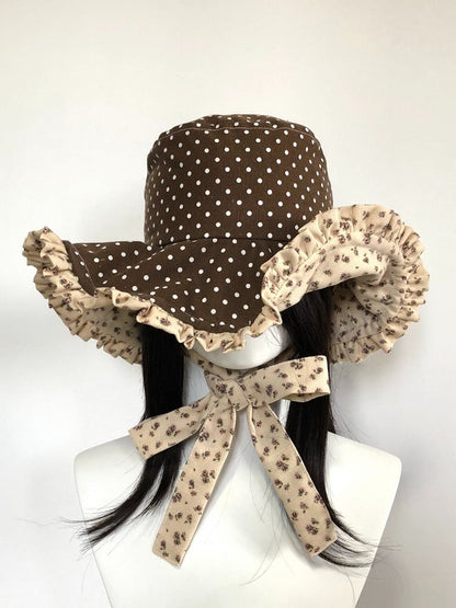 Brown Polka Dot Ruffle Bucket Hat Floral - freetrader