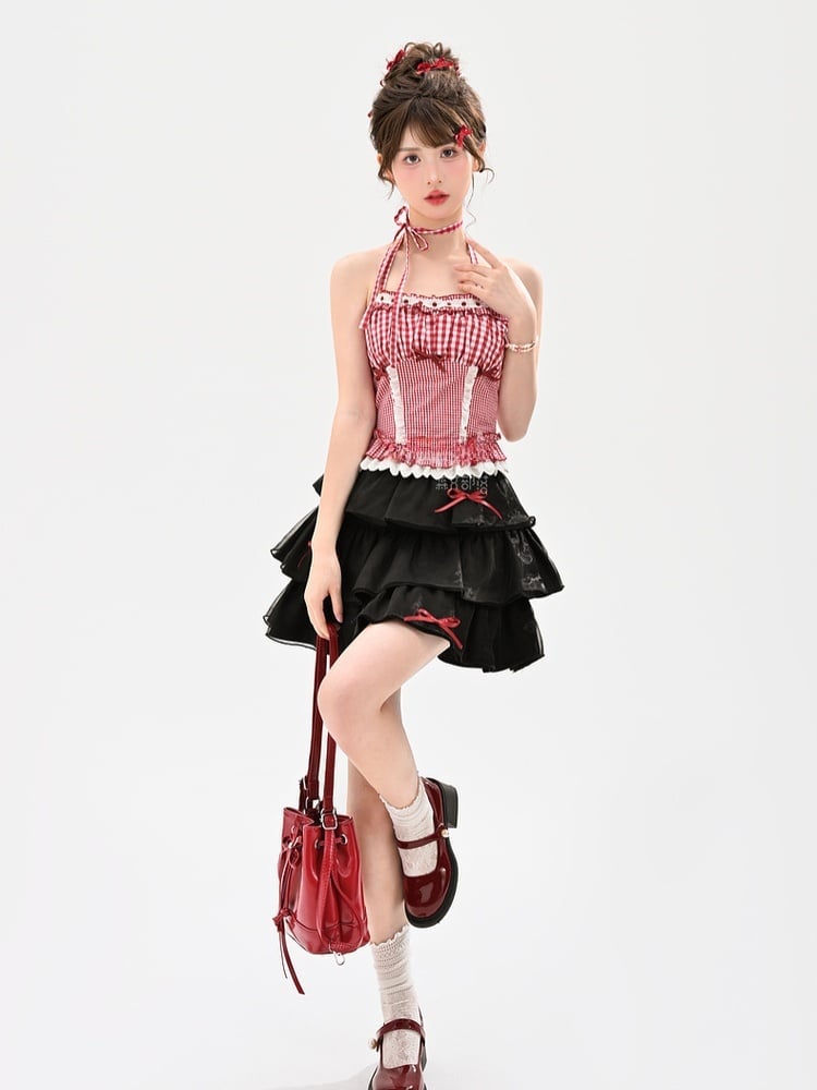 夏用レーストリム、レッドホワイトチェック柄ホルターネックトップ、ホリデー