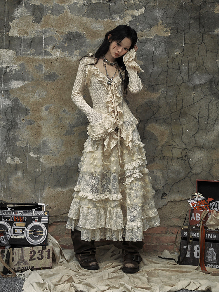 Drawstring Bell Detail Vintage with Ruffle Apricot Sleeves Blouse