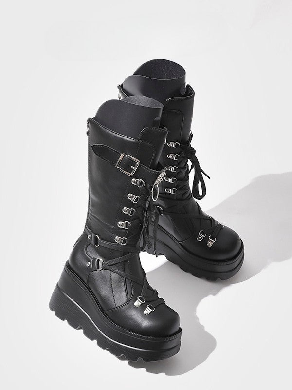 Silver Gothic Buckle Mid-Calf Boots Black Studded Strap - Platform