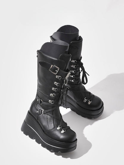 Silver Gothic Buckle Mid-Calf Boots Black Studded Strap - Platform