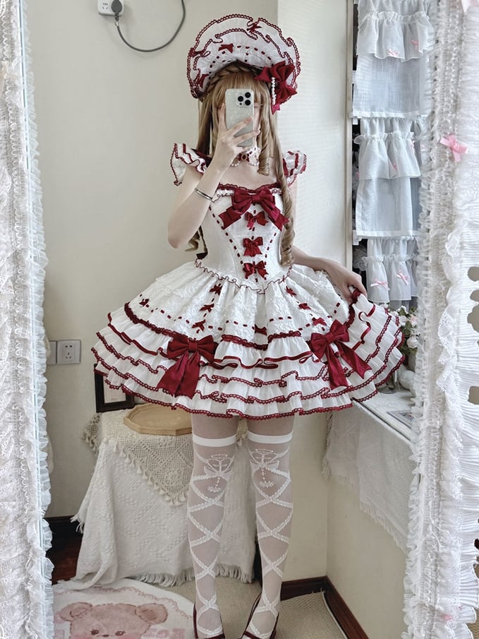 Rüschen Akzente Rock Weiß Schleife Pullover Tiered Prinzessin Rot Lolita