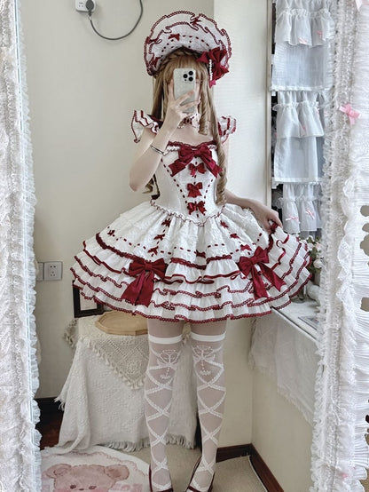 Bonnet White Bowknot Lolita and Decorated Red