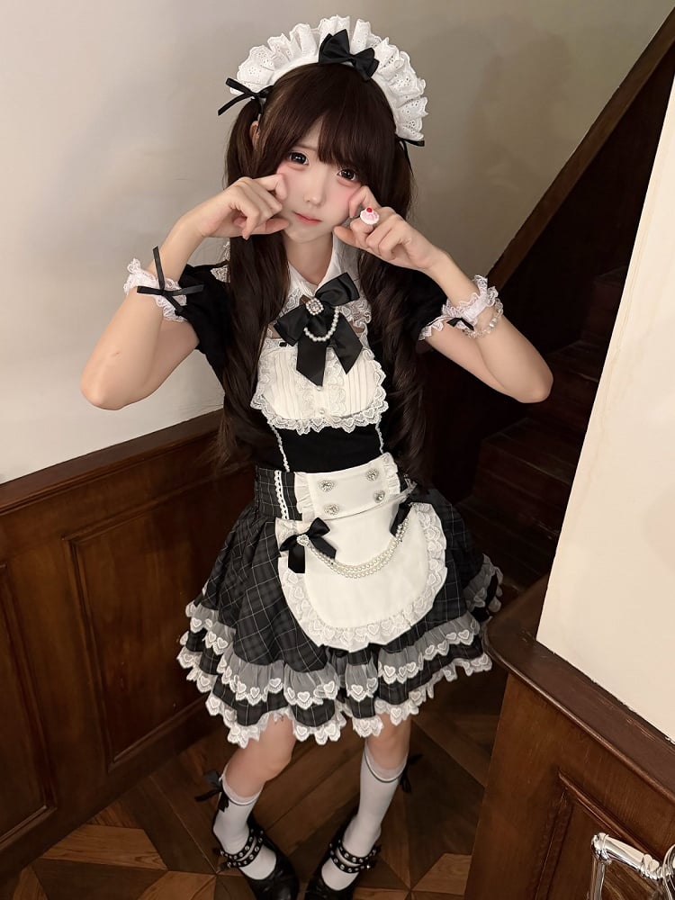 Bunny Ear Puff Sleeve Top with Lace & Bows, Black & White Maid Style - kukuwa