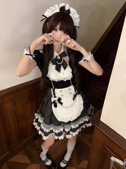 Apron Design High-Waisted Plaid Skirt with Lace, Black & White Maid Style - kukuwa