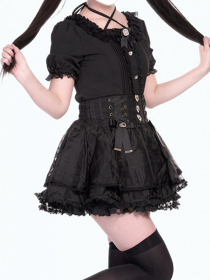 Skirt Waist Jirai with Bowknot Smocked Lace-up Accents Triple-Layer Black Kei Organza