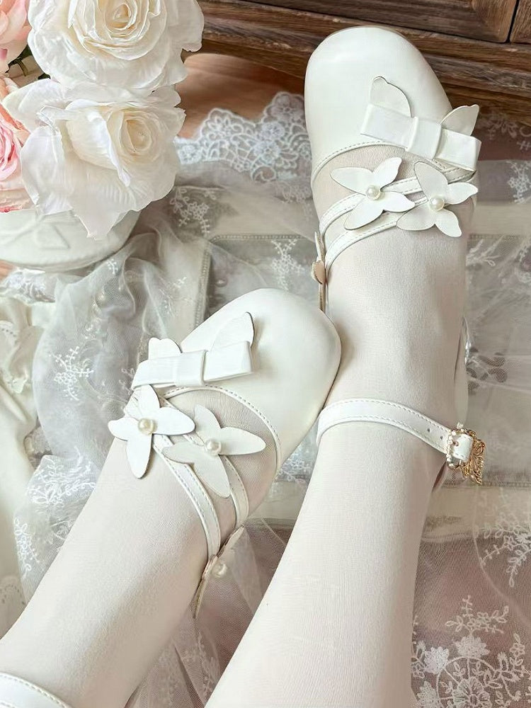 Sandals - White Leather for Decor Bow PU Lolita Elegance Mid-heel