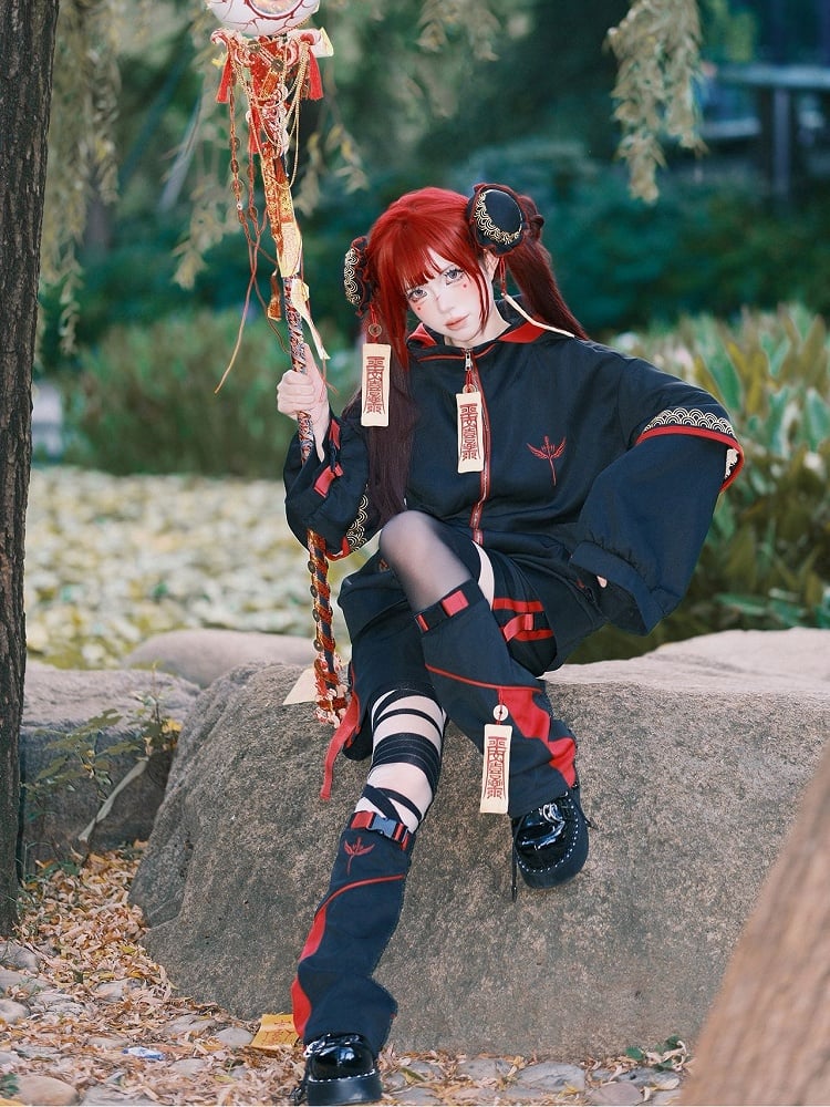 Red & Black Leg Warmers with Embroidered Talisman and Copper Coin