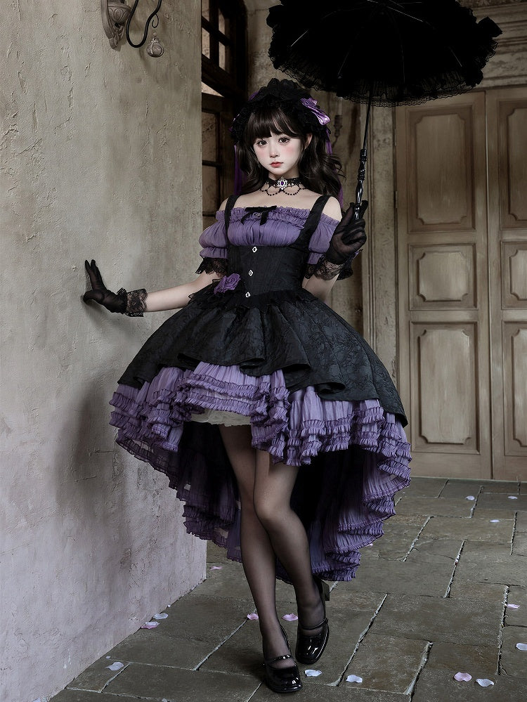 Gothic Underbust JSK Dress with Off-Shoulder Blouse, Purple & Black, High-Low Skirt - Sheer Ocean