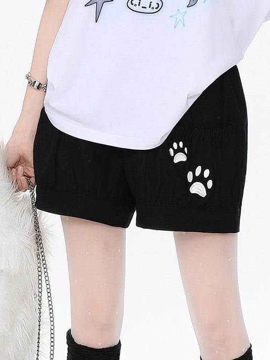 Shorts mit Hundepfotenstickerei, Blau/Rosa/Schwarz