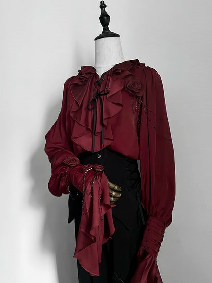 Crimson Poet Shirt with Floral Pins and Chain Accents - Shi Zhi Mao