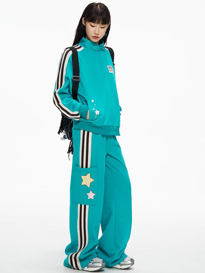 Pockets Striped Blue Side Sweatpants Cargo Sporty with Details