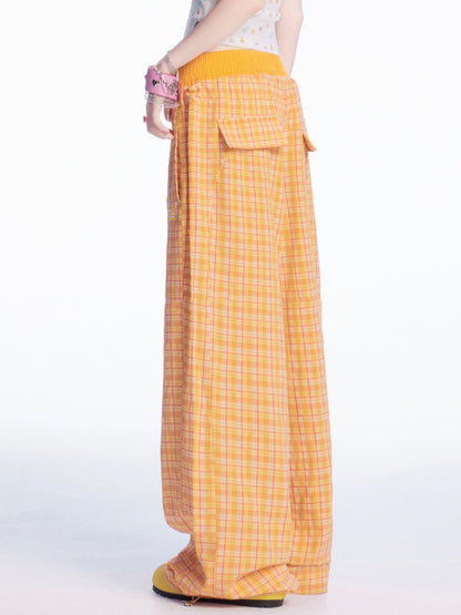 Drawstring Cuffs Wide-leg Casual Pants Orange Plaid Elastic Waist