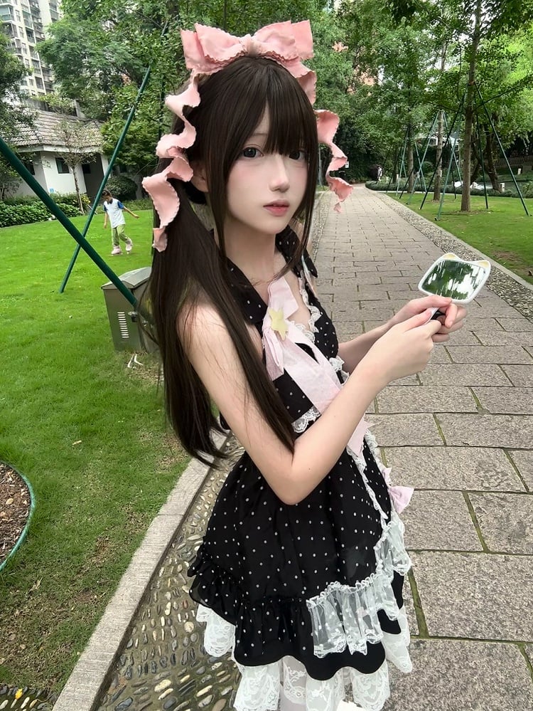 with Skirt Dot Bow Cherry and Halter Details Black Contrast Top Polka / Candy Patches