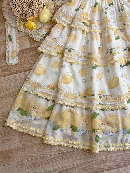 Short Front Lemon Sleeves Button Tiered Lolita Print Placket Skirt Dress White Chick and