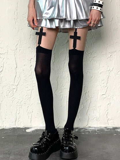 Cross Black//White Suspender Applique Y2K Stockings