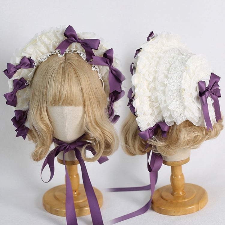 Farben: Abnehmbare Lolita-Haube mit Schleife, Spitzenbesatz und süßem, elegantem Beige 12