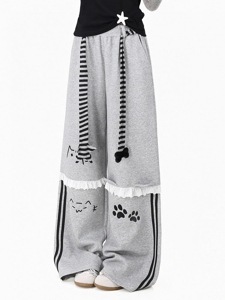 Casual Gray Kitty Print Straight Pants with Lace Trim and Belt - CRAZY GIRL