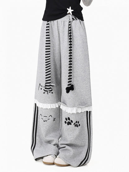 Casual Gray Kitty Print Straight Pants with Lace Trim and Belt - CRAZY GIRL