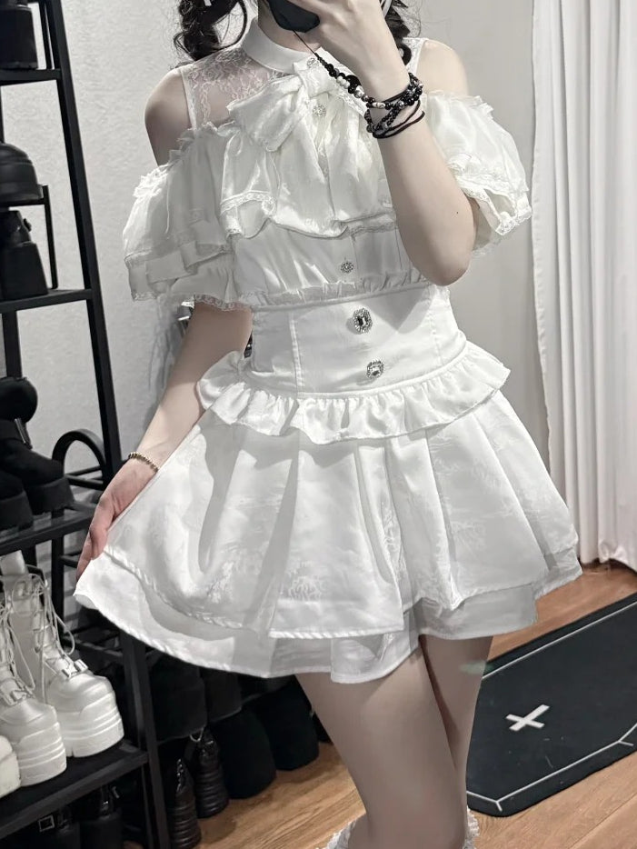 Jirai Tiered Jacquard With White Details Skirt Square Rhinestone Kei High-waist