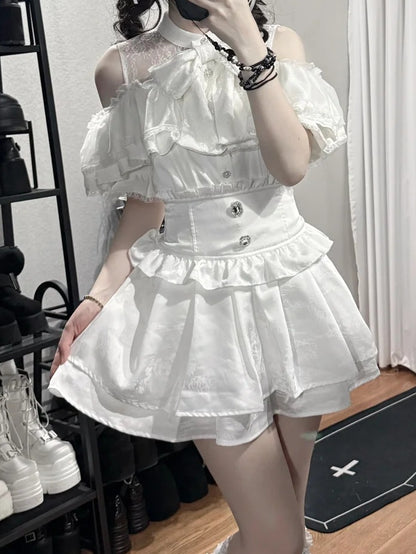 Jirai Tiered Jacquard With White Details Skirt Square Rhinestone Kei High-waist