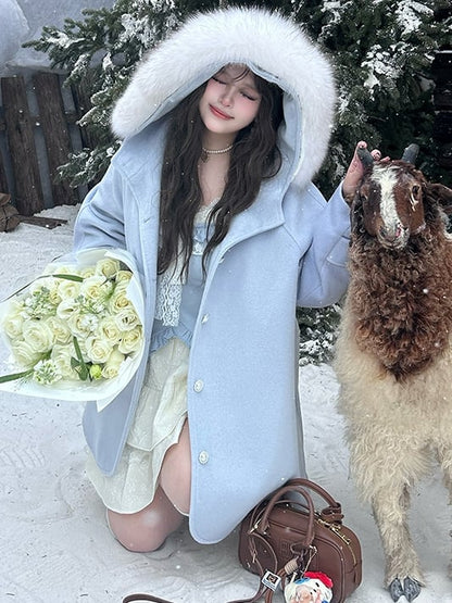 Plus Size Light Blue Plush Trim Hooded Woolen Coat